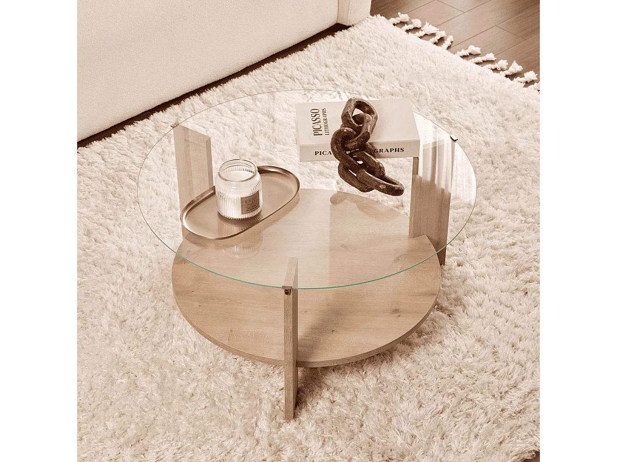 Table basse 2 plateaux dont 1 en verre trempé D75 cm - CLARA