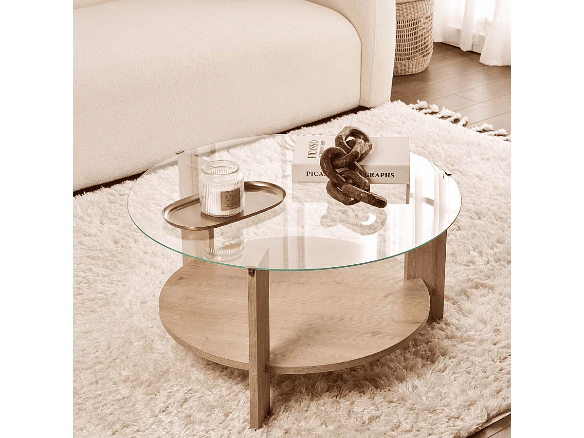 Table basse 2 plateaux dont 1 en verre trempé D75 cm - CLARA