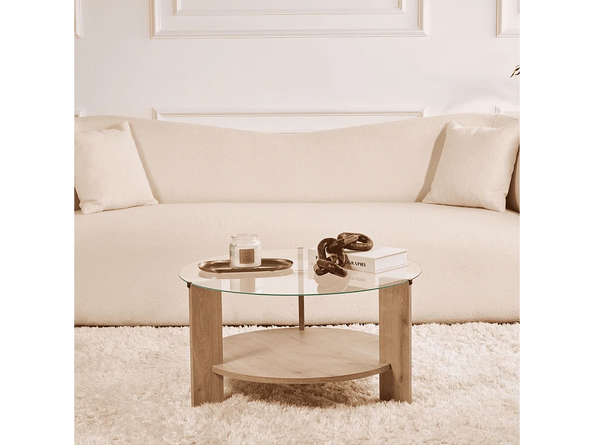 Table basse 2 plateaux dont 1 en verre trempé D75 cm - CLARA