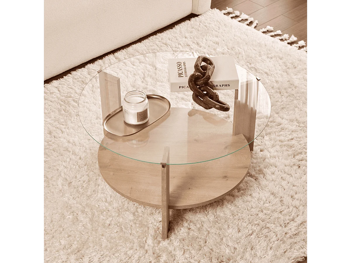 Table basse 2 plateaux dont 1 en verre trempé D75 cm - CLARA