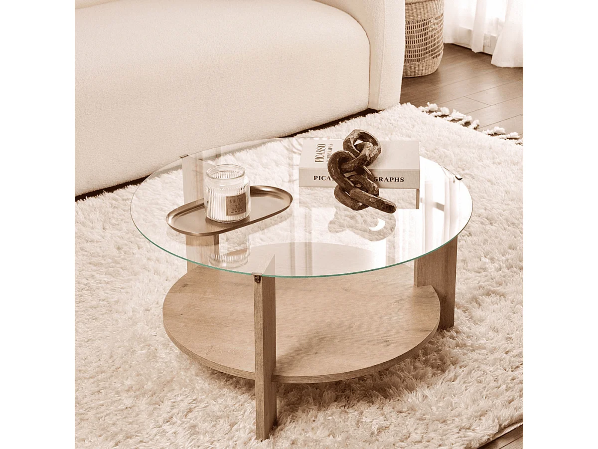 Table basse 2 plateaux dont 1 en verre trempé D75 cm - CLARA