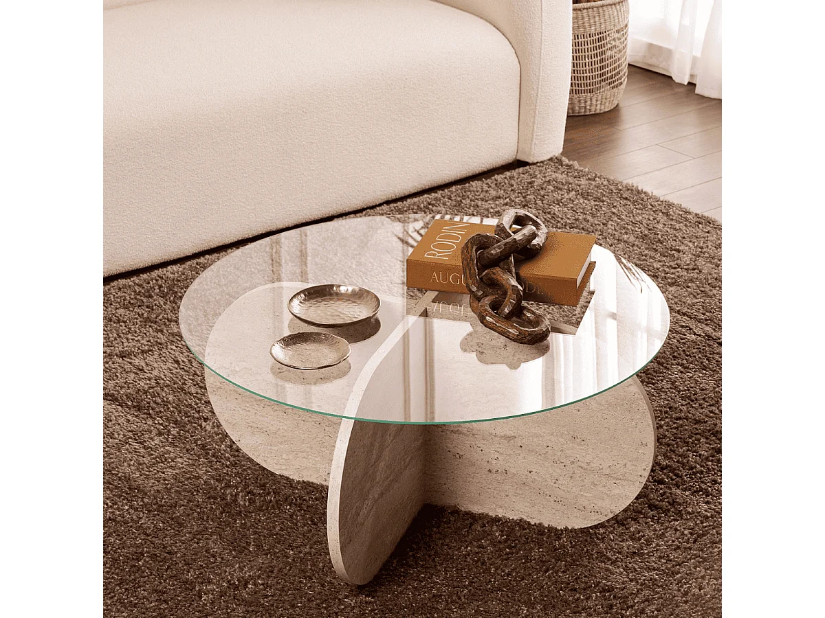 Table basse avec pieds croisés et plateau en verre trempé D75 cm - AERIS