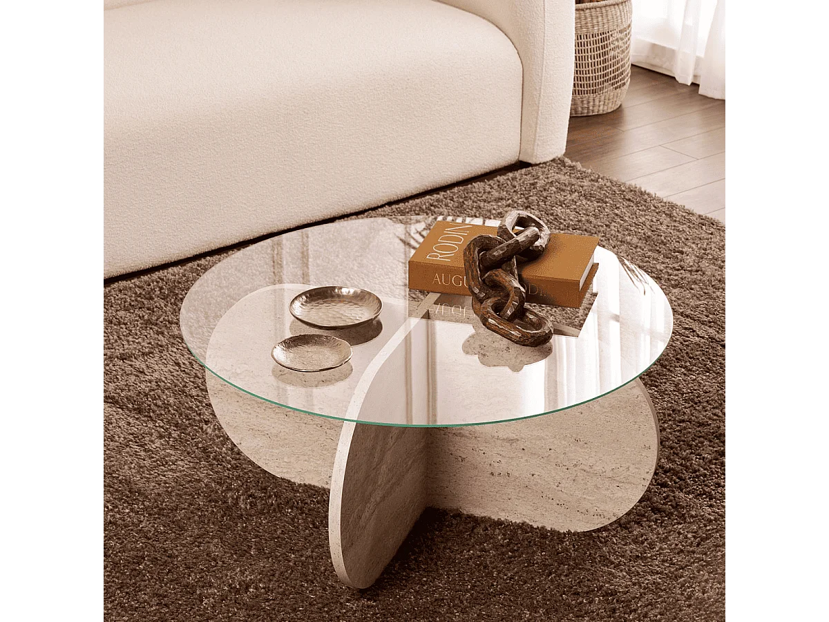 Table basse avec pieds croisés et plateau en verre trempé D75 cm - AERIS