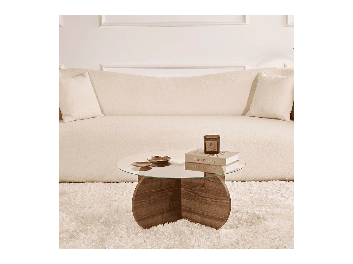 Table basse avec pieds croisés et plateau en verre trempé D75 cm - AERIS