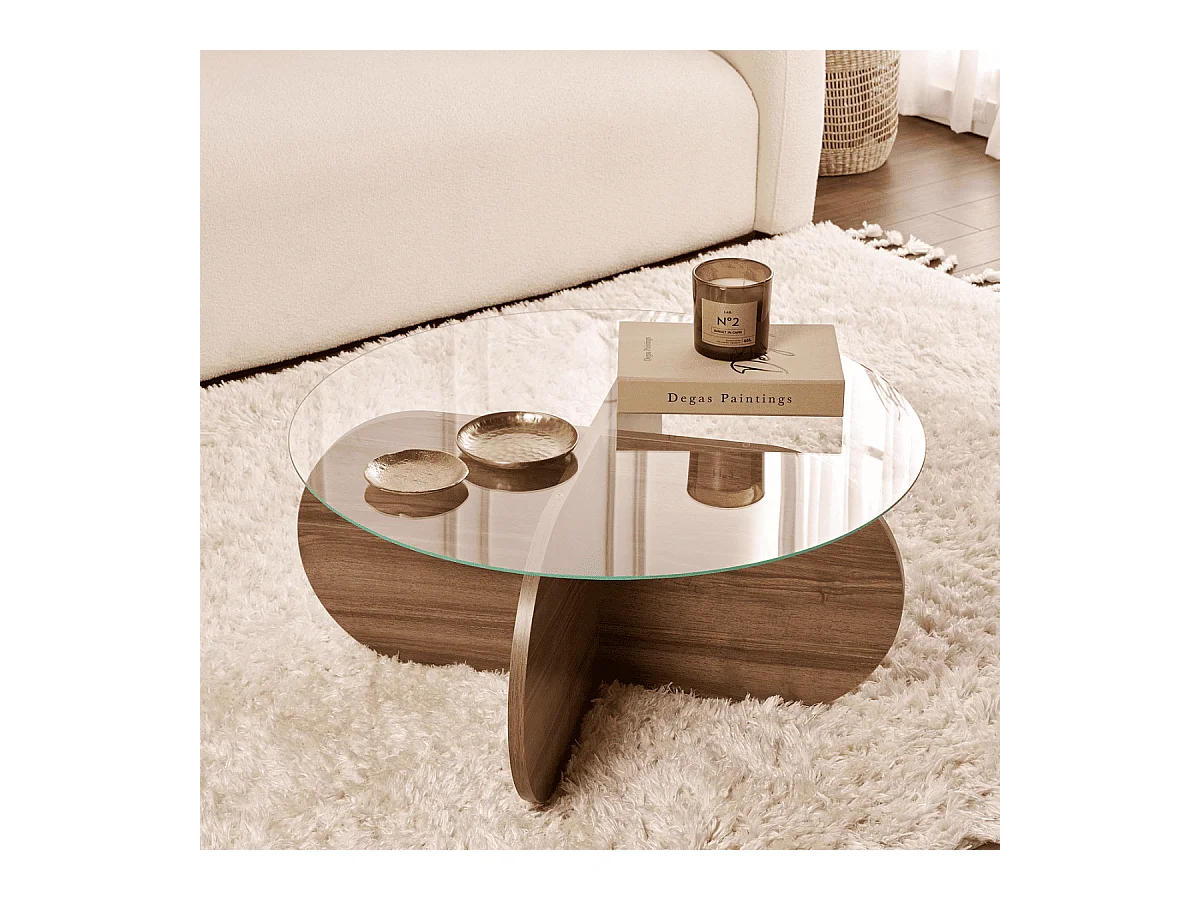 Table basse avec pieds croisés et plateau en verre trempé D75 cm - AERIS