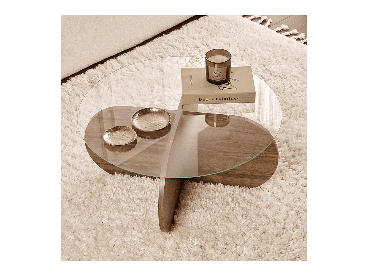 Table basse avec pieds croisés et plateau en verre trempé D75 cm - AERIS