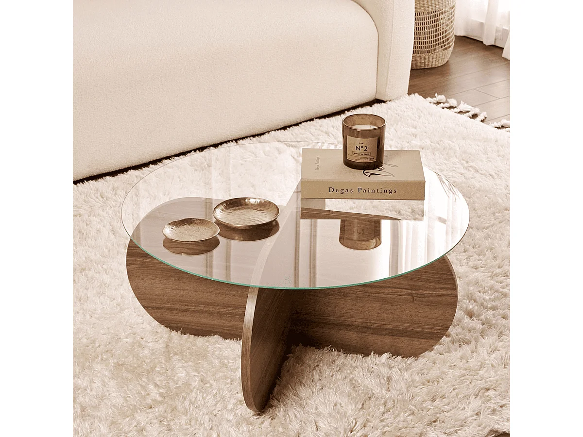 Table basse avec pieds croisés et plateau en verre trempé D75 cm - AERIS