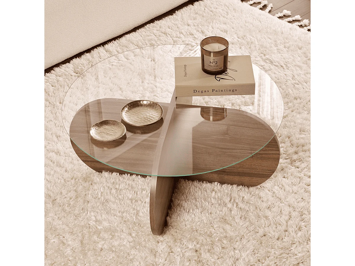 Table basse avec pieds croisés et plateau en verre trempé D75 cm - AERIS