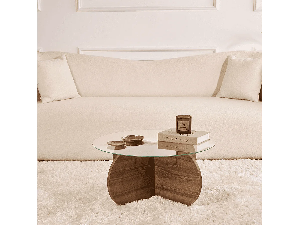 Table basse avec pieds croisés et plateau en verre trempé D75 cm - AERIS