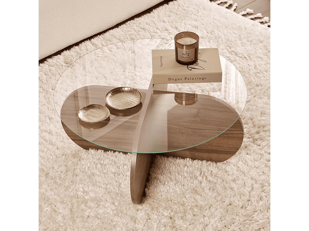 Table basse avec pieds croisés et plateau en verre trempé D75 cm - AERIS