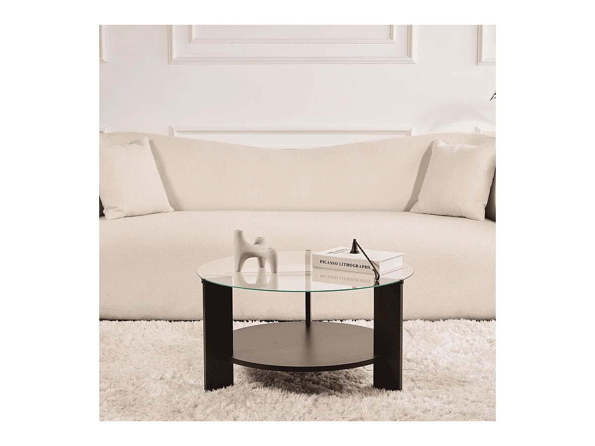 Table basse 2 plateaux dont 1 en verre trempé D75 cm - CLARA