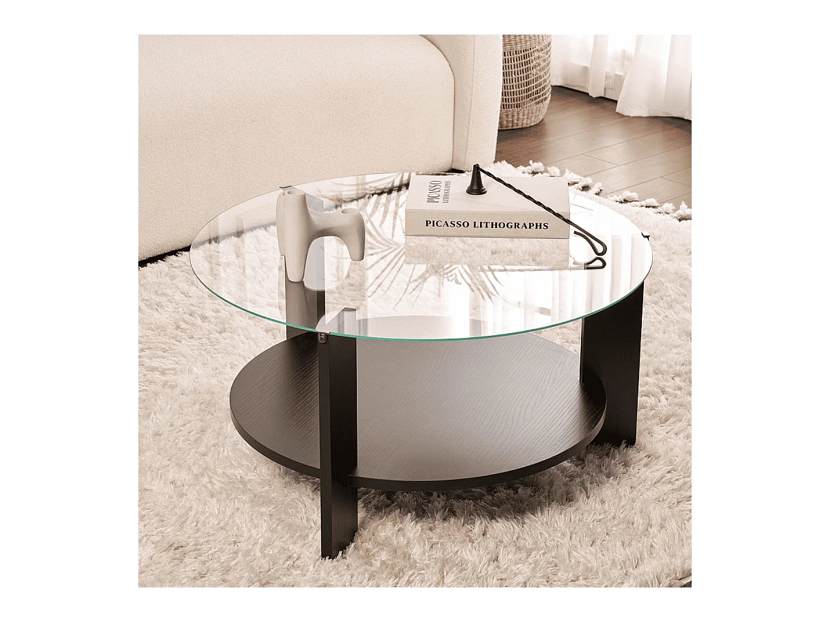 Table basse 2 plateaux dont 1 en verre trempé D75 cm - CLARA