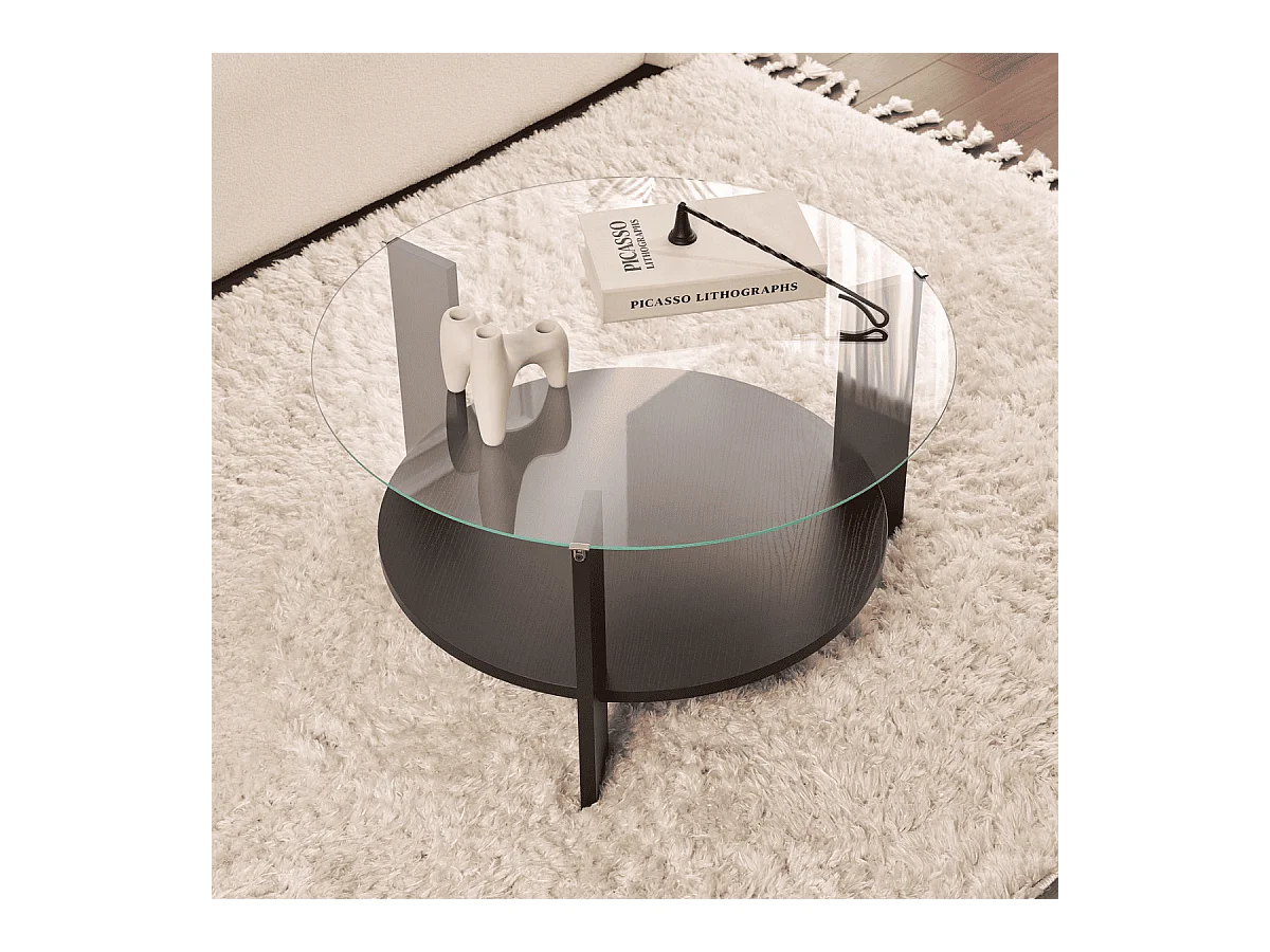 Table basse 2 plateaux dont 1 en verre trempé D75 cm - CLARA