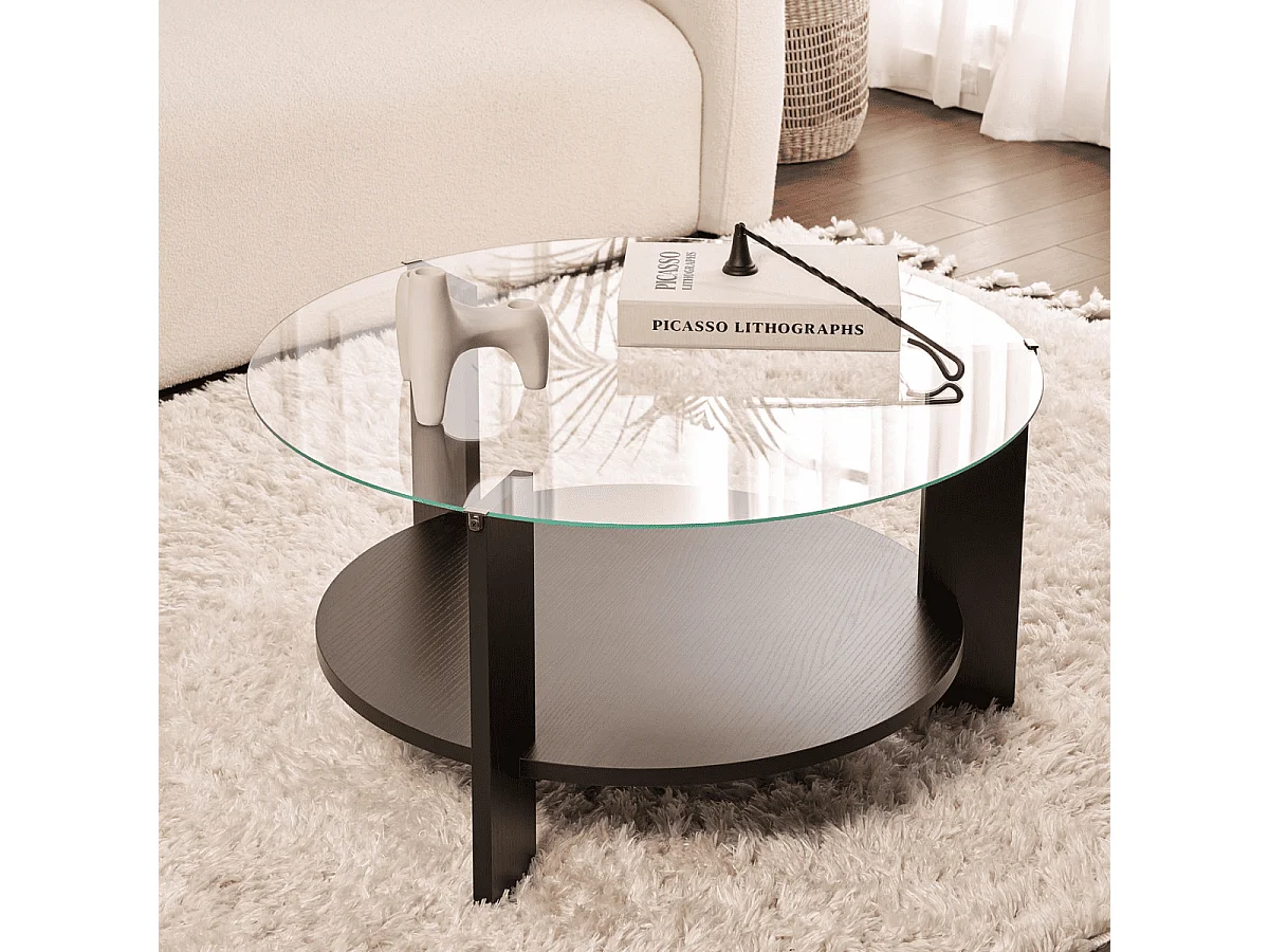 Table basse 2 plateaux dont 1 en verre trempé D75 cm - CLARA