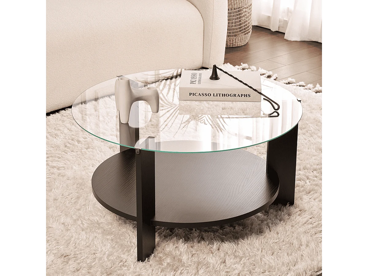 Tavolino con 2 ripiani, di cui uno in vetro temperato Ø75 cm - CLARA