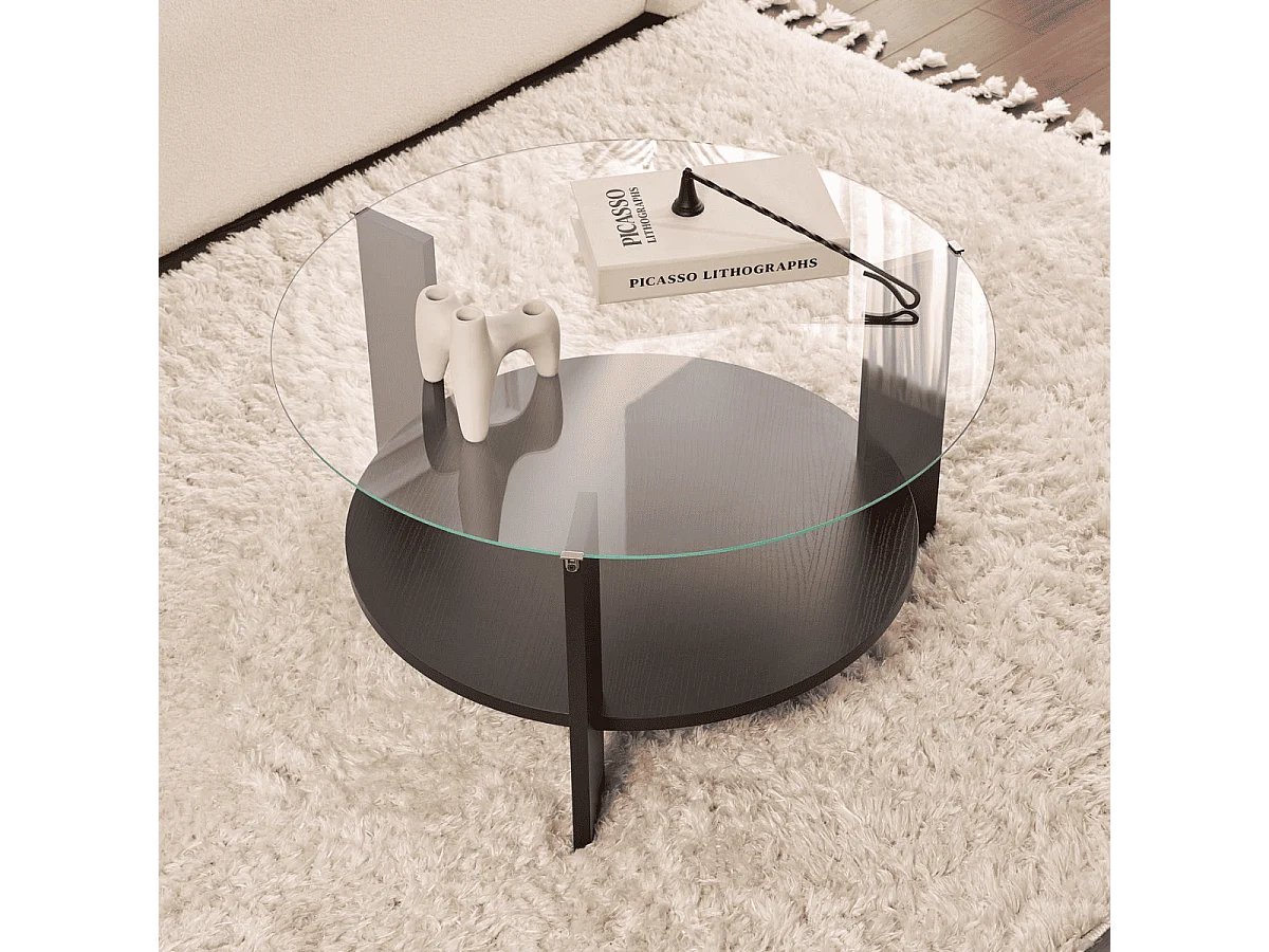 Tavolino con 2 ripiani, di cui uno in vetro temperato Ø75 cm - CLARA