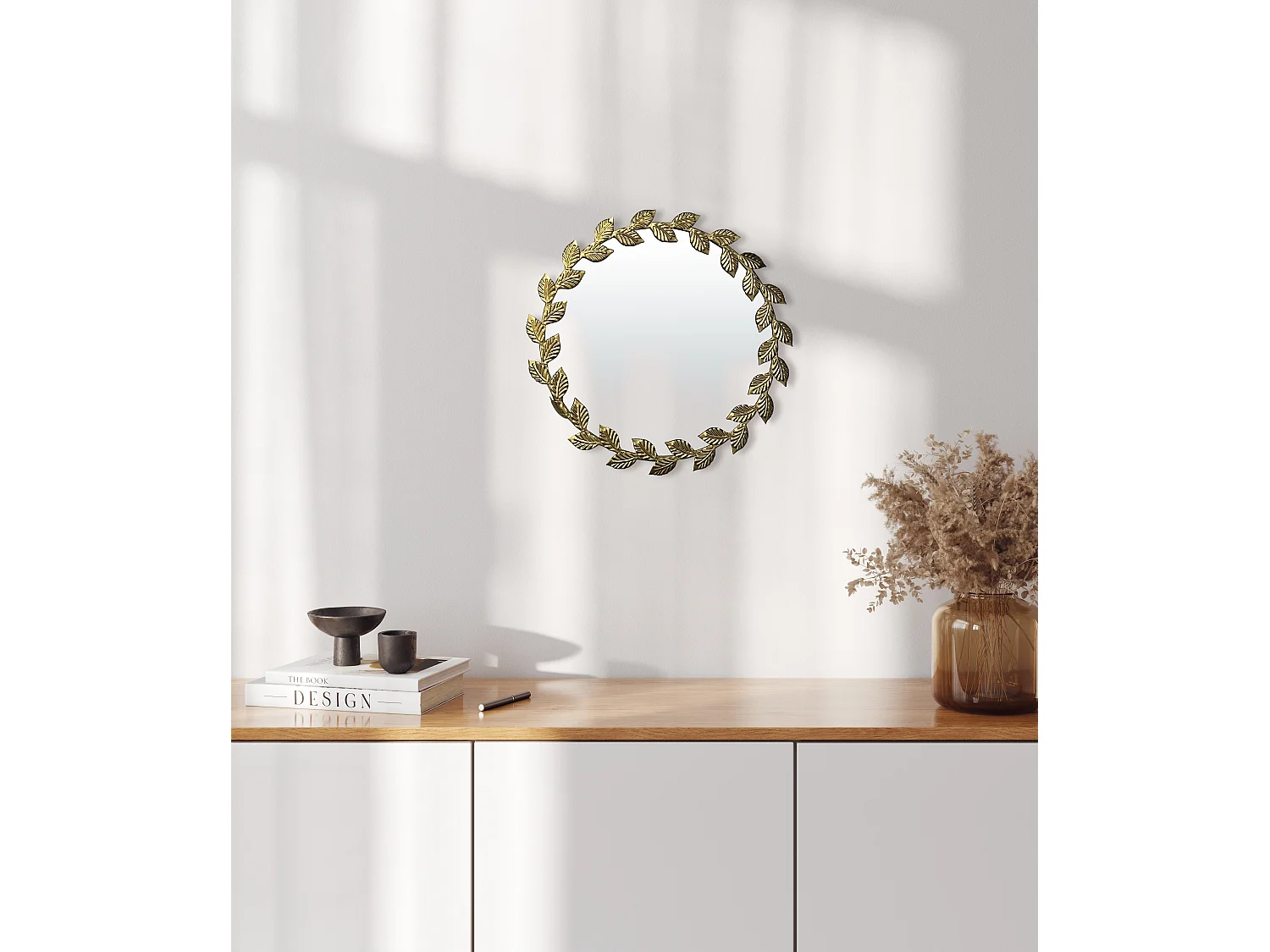 Miroir métal rond feuilles 45cm Dore