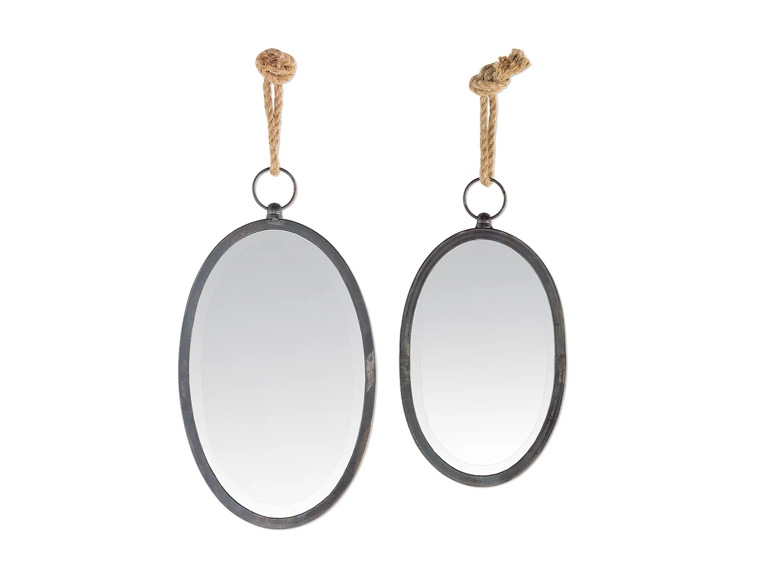 Lot 2 miroirs ovales métal noir corde 41x23/34x19cm