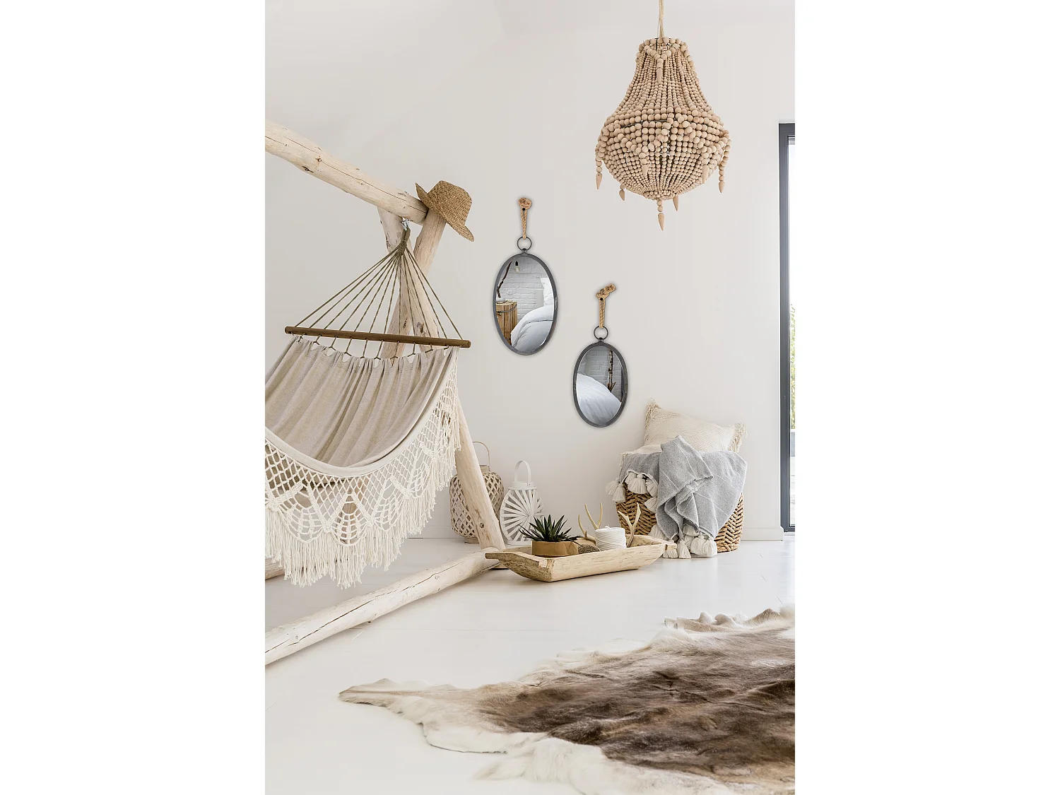 Lot 2 miroirs ovales métal noir corde 41x23/34x19cm