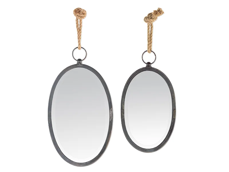 Lot 2 miroirs ovales métal noir corde 41x23/34x19cm