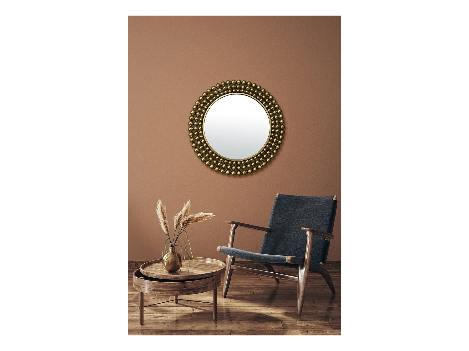 Miroir rond métal doré boules 70cm