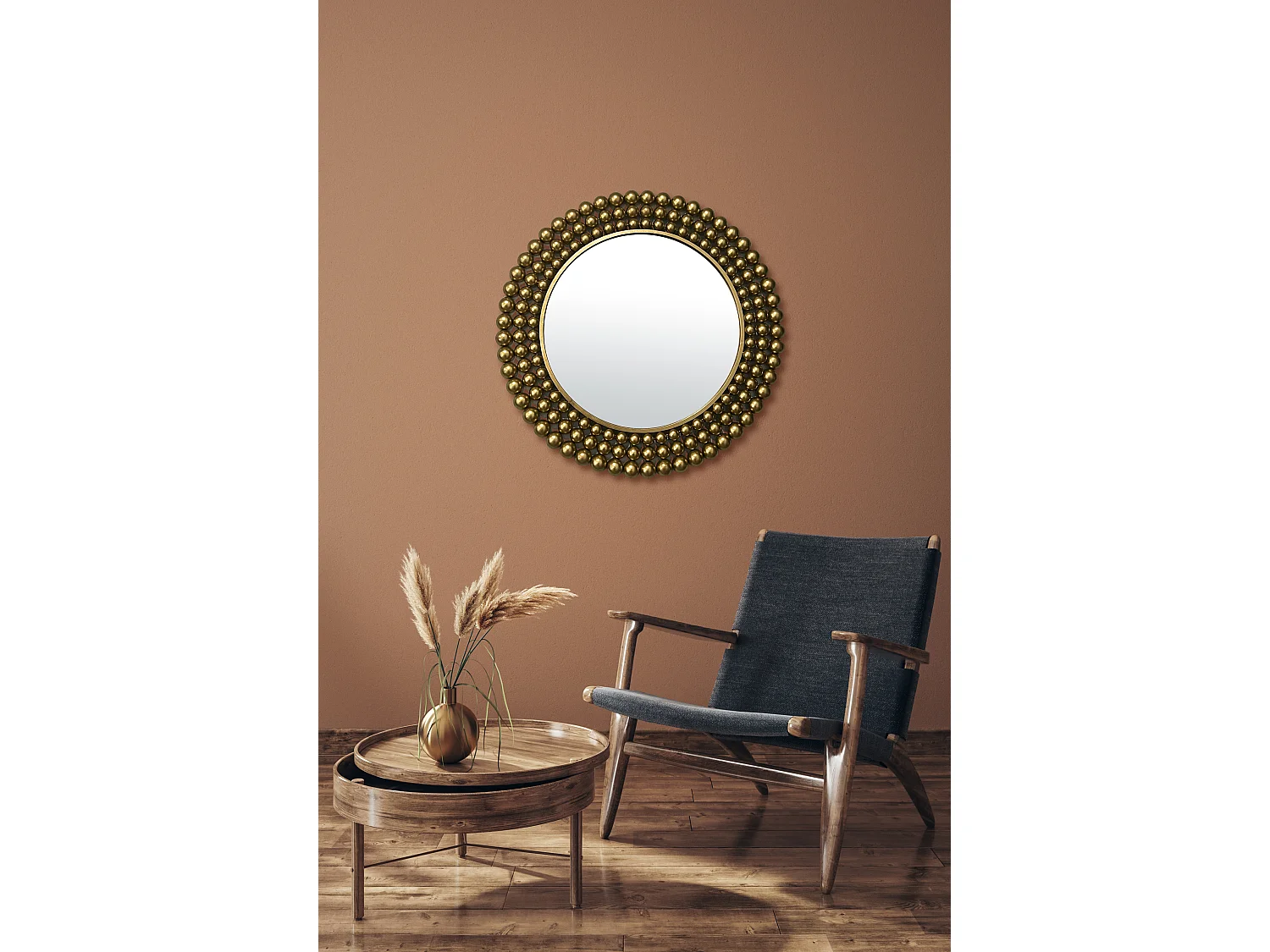 Miroir rond métal doré boules 70cm