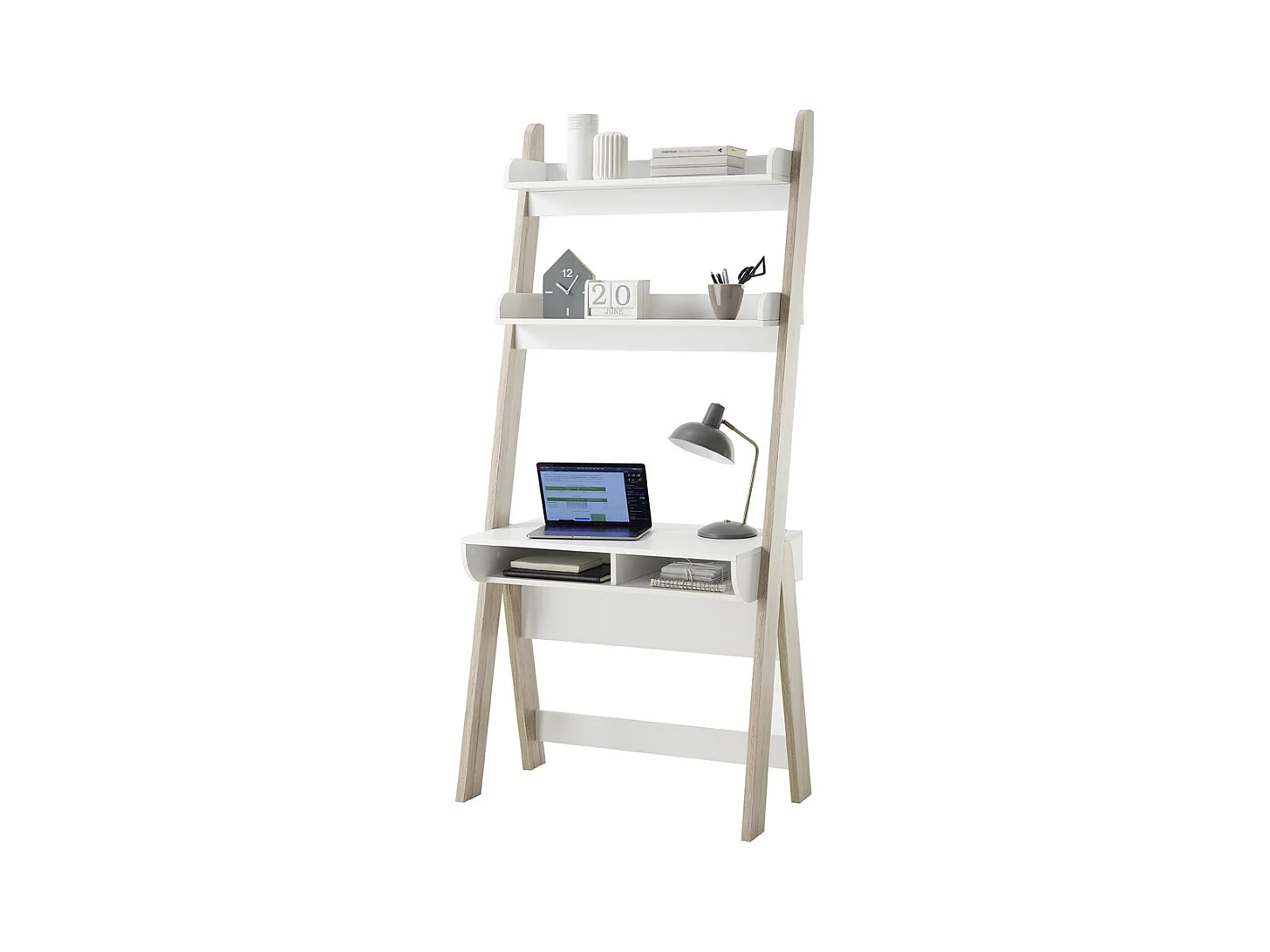 Bureau coloris blanc / chêne - Longueur 85 x hauteur 71-181 x profondeur 48 cm