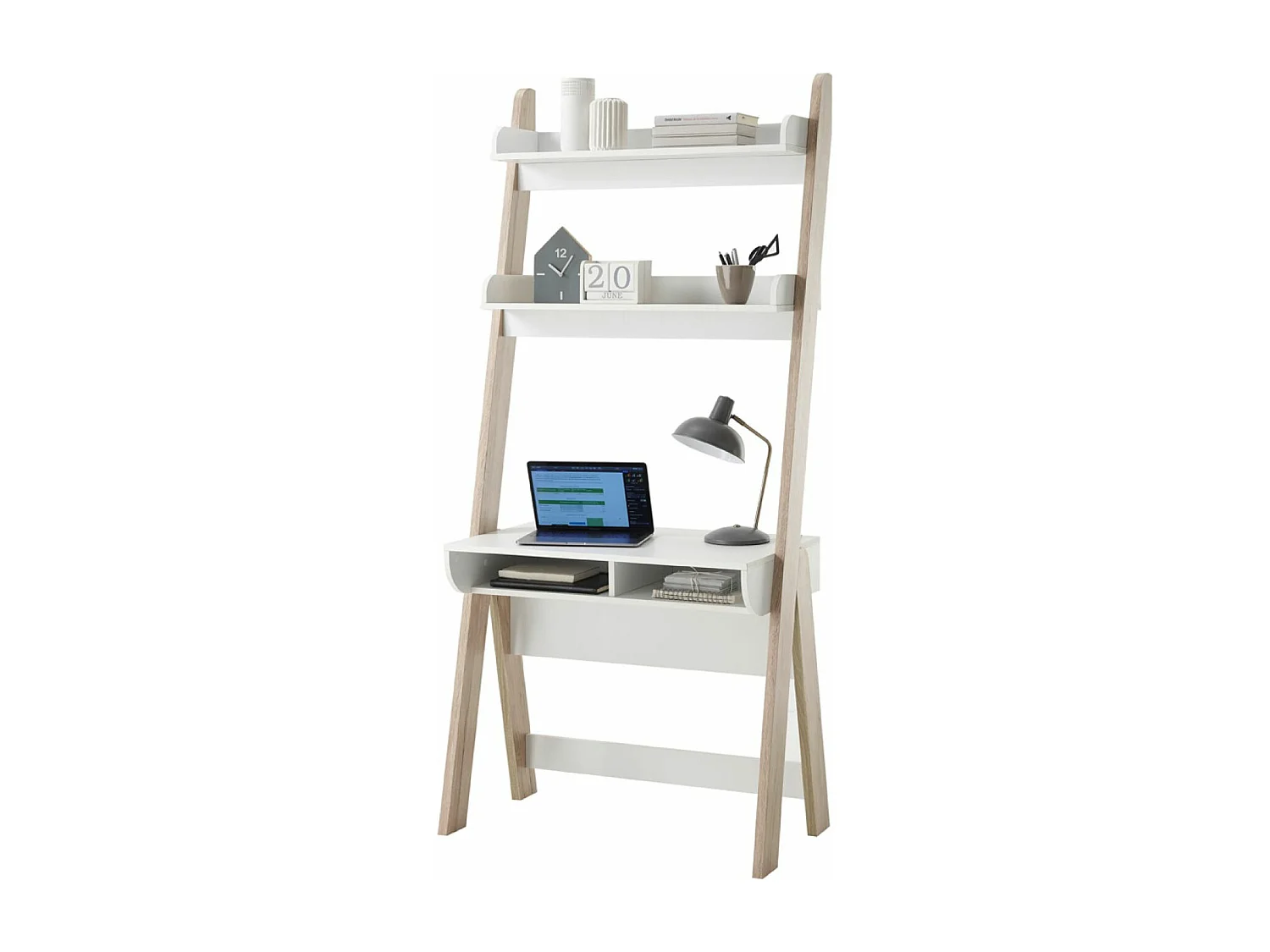 Bureau coloris blanc / chêne - Longueur 85 x hauteur 71-181 x profondeur 48 cm