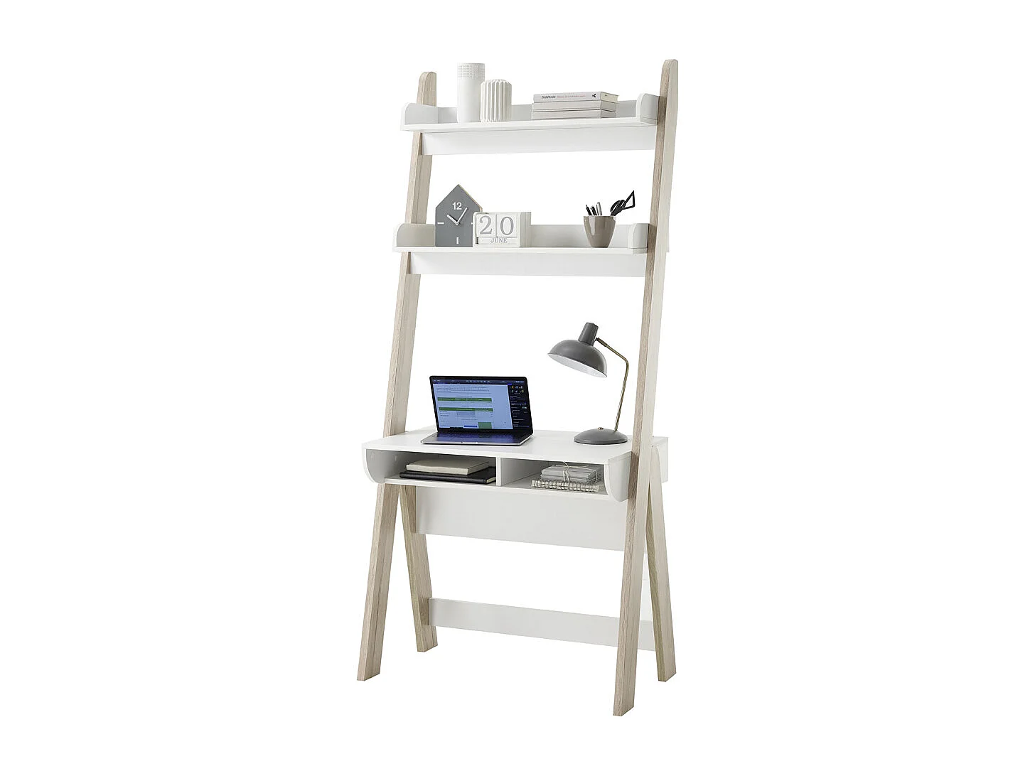Bureau coloris blanc / chêne - Longueur 85 x hauteur 71-181 x profondeur 48 cm