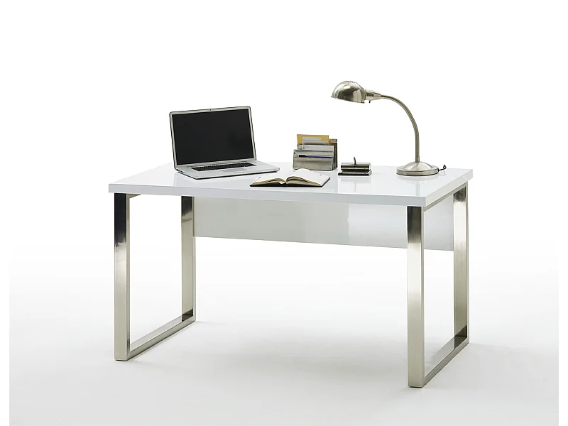 Bureau coloris laqué blanc brillant avec piètement métal chromé - L140 x H76 x P70 cm