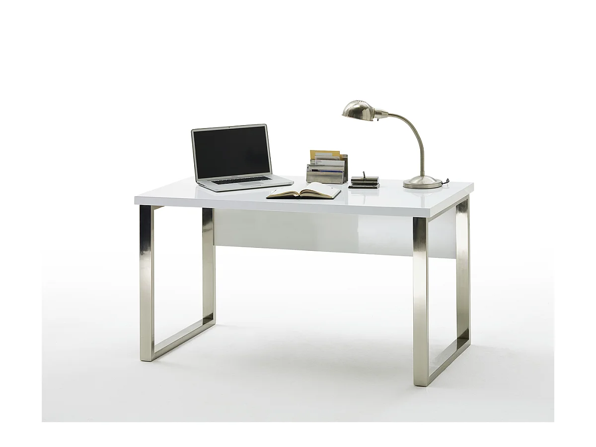 Bureau coloris laqué blanc brillant avec piètement métal chromé - L140 x H76 x P70 cm