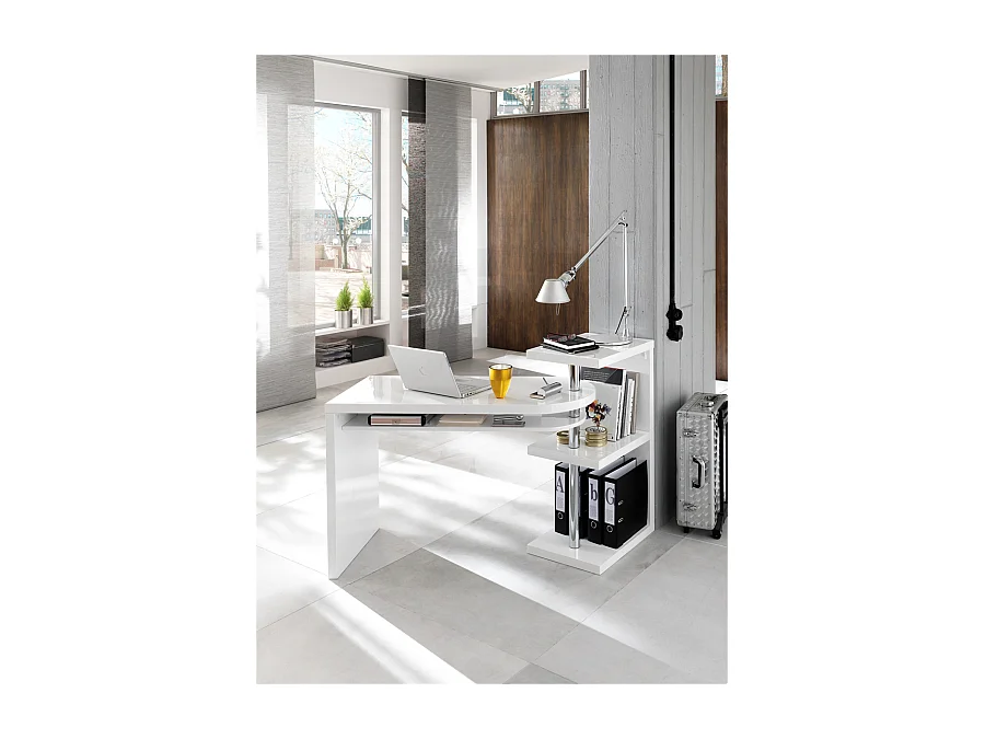 Bureau plateau pivotant coloris laqué blanc brillant - L145 x H94 x P50 cm