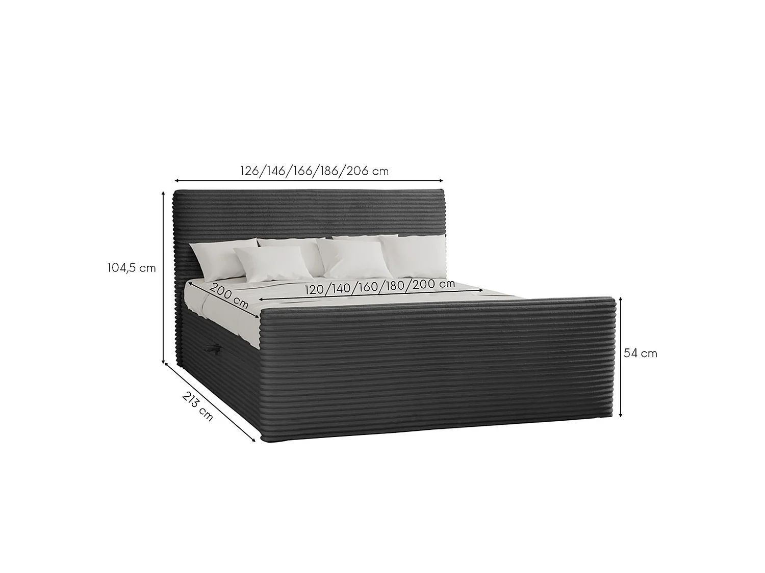 Letto box spring con rete e topper TRENTO tessuto peluche cordoncino 120x200 cm grafite H3-Bonell