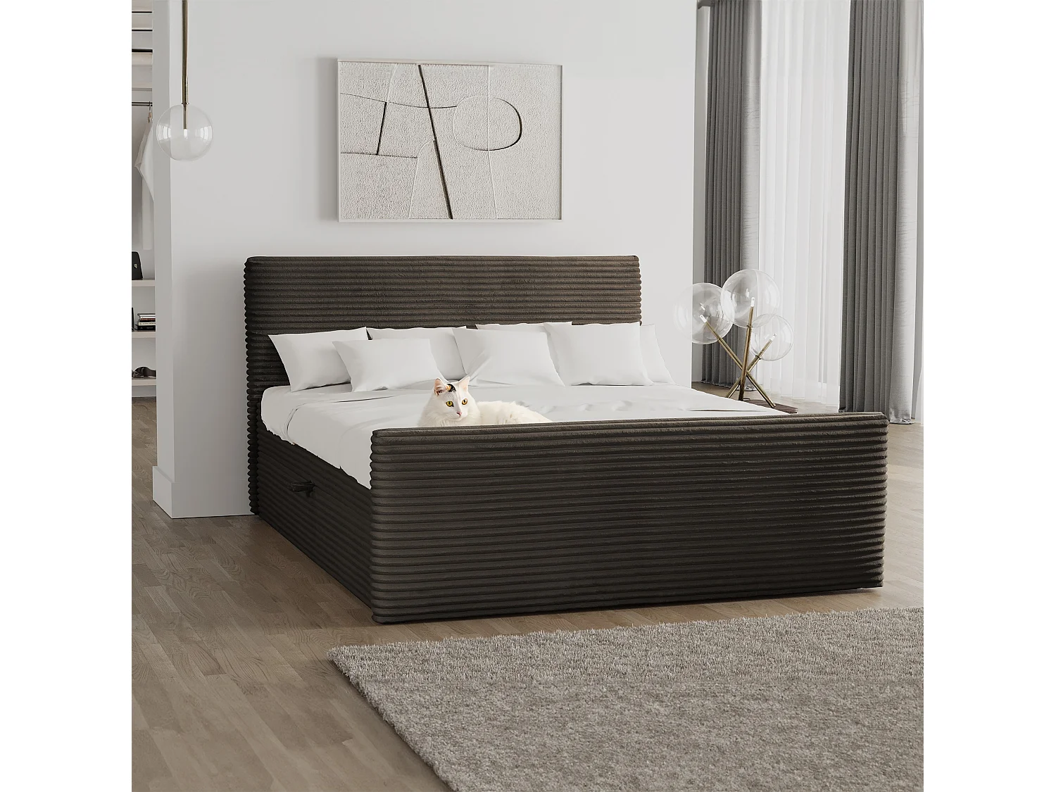 Lit à sommier tapissier avec sommier et surmatelas TRENTO en tissu peluche 200x200 cm marron H3-Bonell