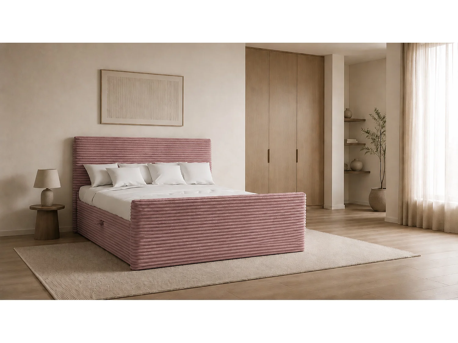 Boxspringbett mit bettkasten und topper TRENTO stoff  Plüsch Cord 160x200 cm Rosa H3-Bonell