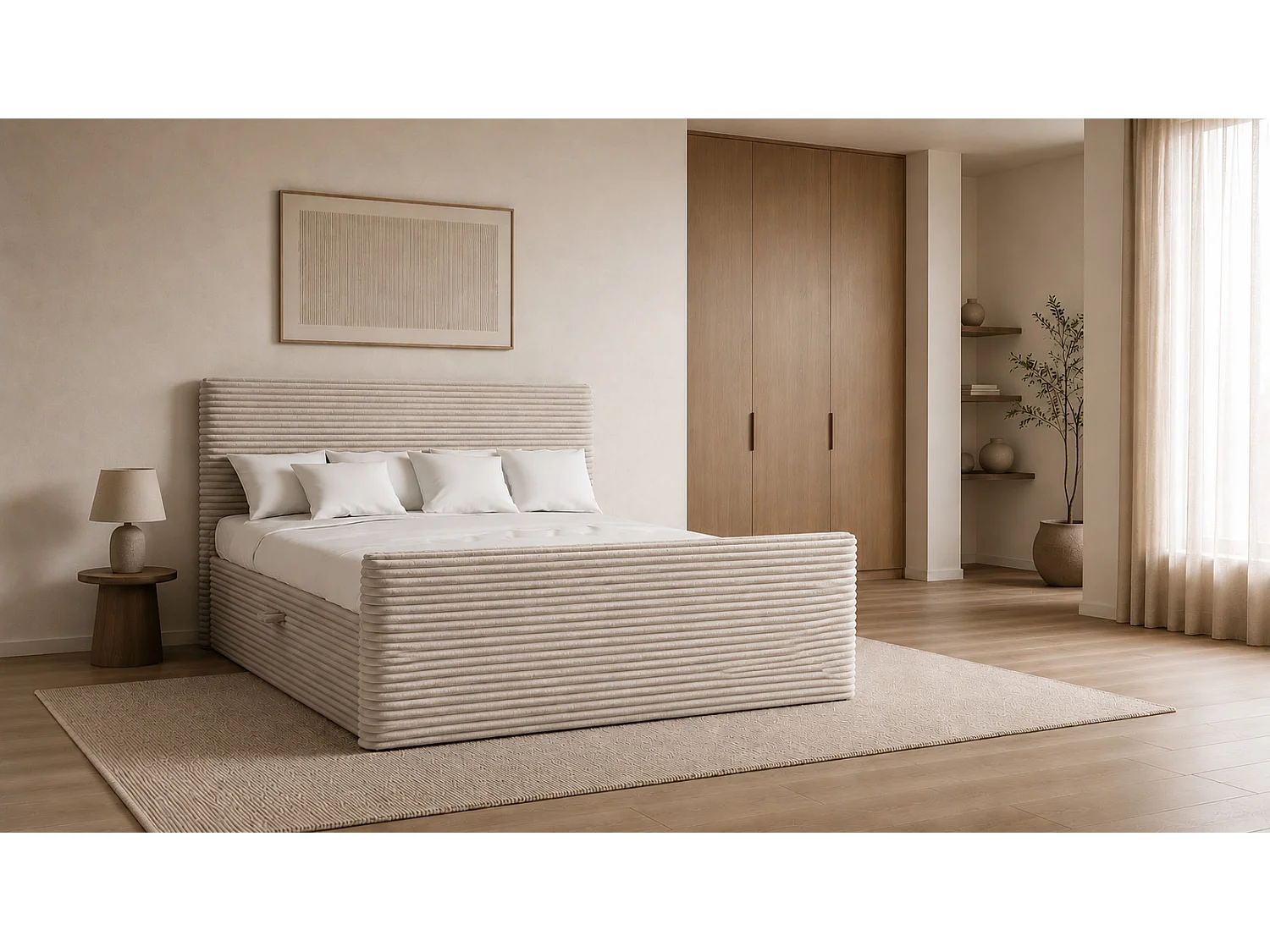 Boxspringbett mit bettkasten und topper TRENTO stoff  Plüsch Cord 140x200 cm Ecru H3-Bonell