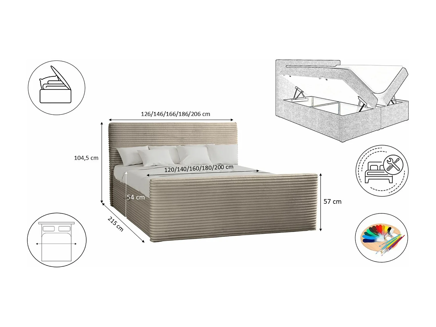 Lit boxspring avec sommier et surmatelas TRENTO tissu peluche cordon 160x200 cm beige H3-Bonell
