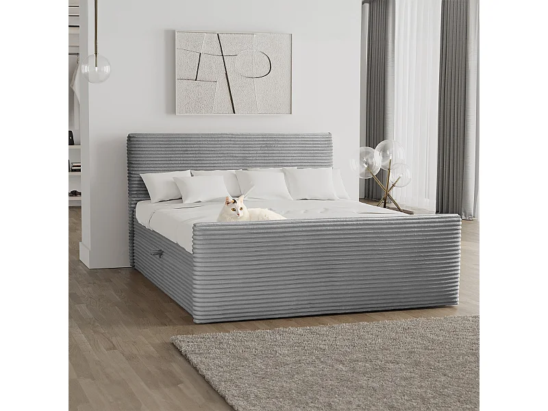 Letto box spring con contenitore e topper TRENTO tessuto peluche cordoncino 120x200 cm grigio chiaro H3-Bonell