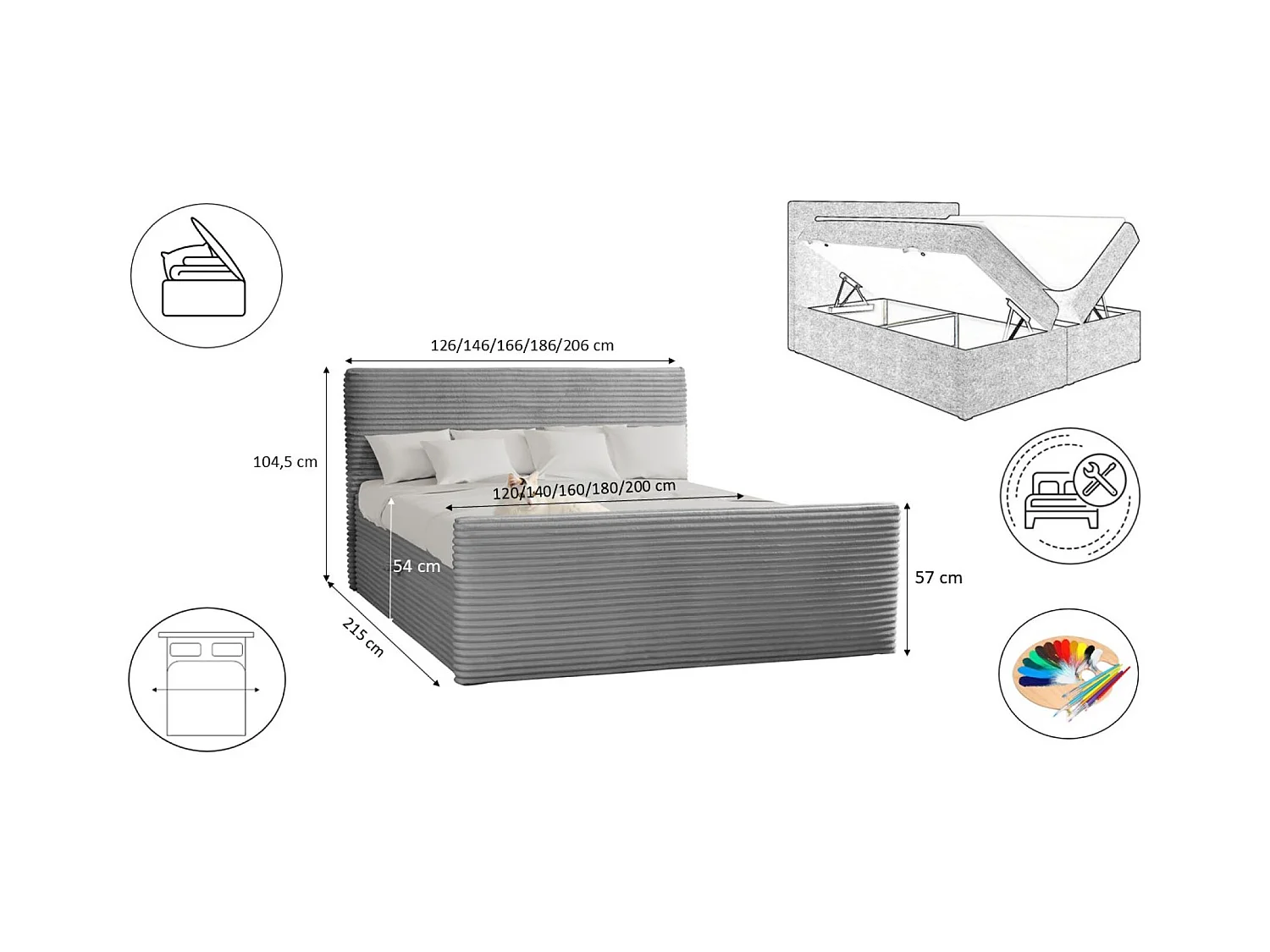 Lit à sommier tapissier avec sommier et surmatelas TRENTO en tissu peluche 160x200 cm gris clair H3-Bonell