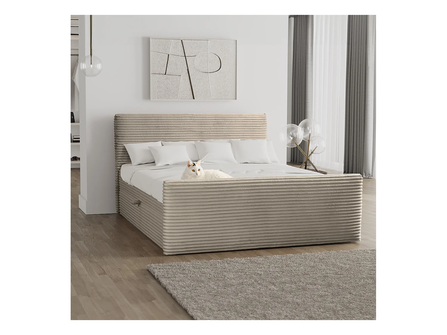 Lit boxspring avec sommier et surmatelas TRENTO tissu peluche cordon 120x200 cm beige H3-Bonell