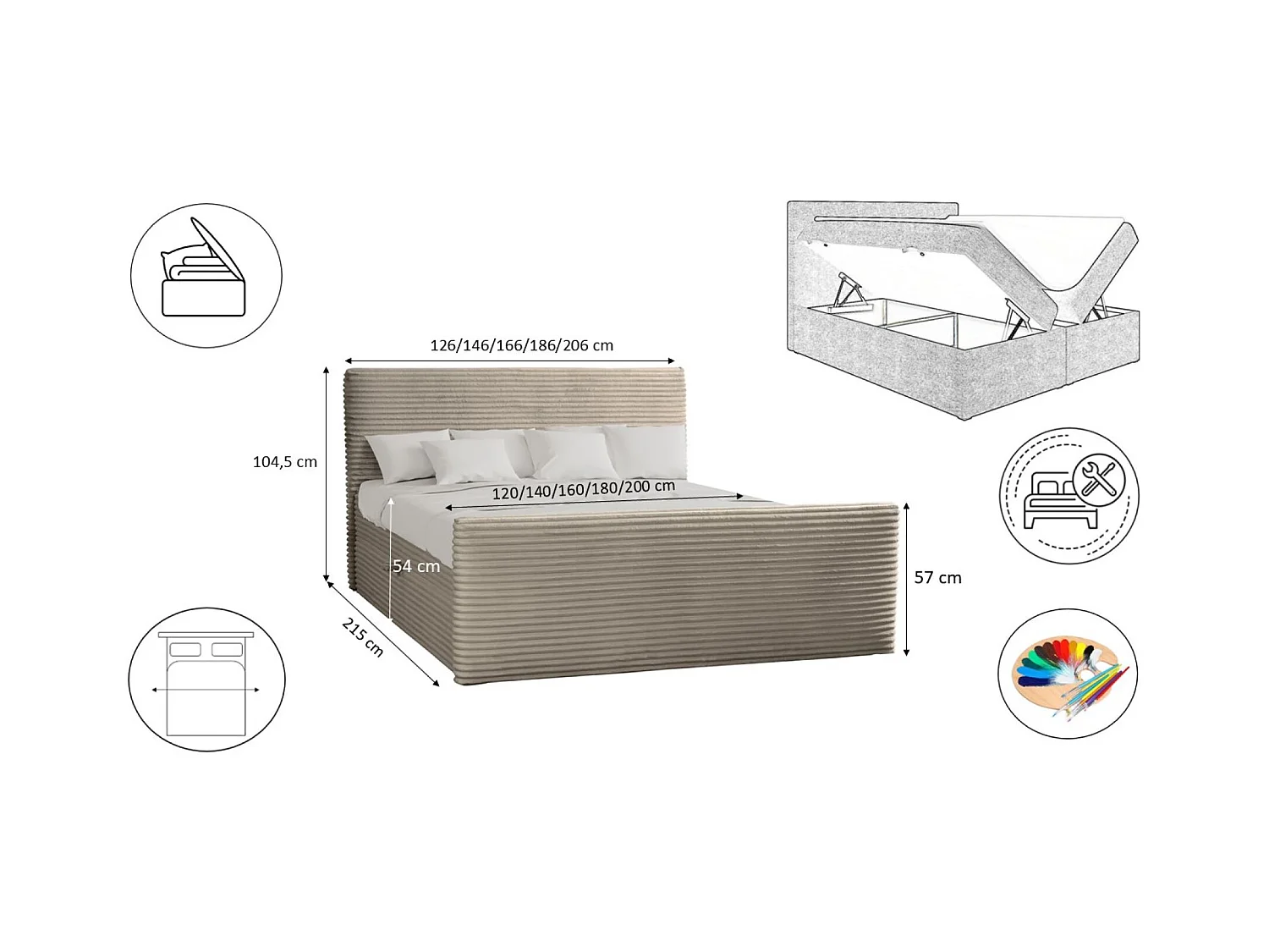 Lit boxspring avec sommier et surmatelas TRENTO tissu peluche cordon 120x200 cm beige H3-Bonell