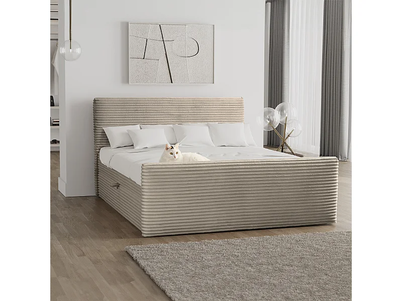 Letto box spring con rete e topper TRENTO tessuto peluche cordoncino 120x200 cm beige H3-Bonell