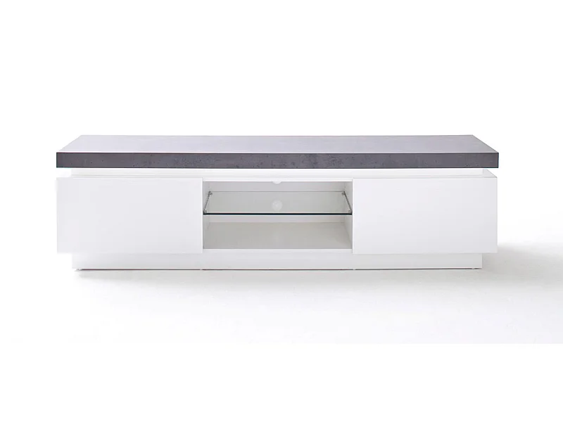 Meuble TV avec 2 portes coloris gris béton et blanc mat - Longueur 175 x Hauteur 48 x Profondeur 40 cm