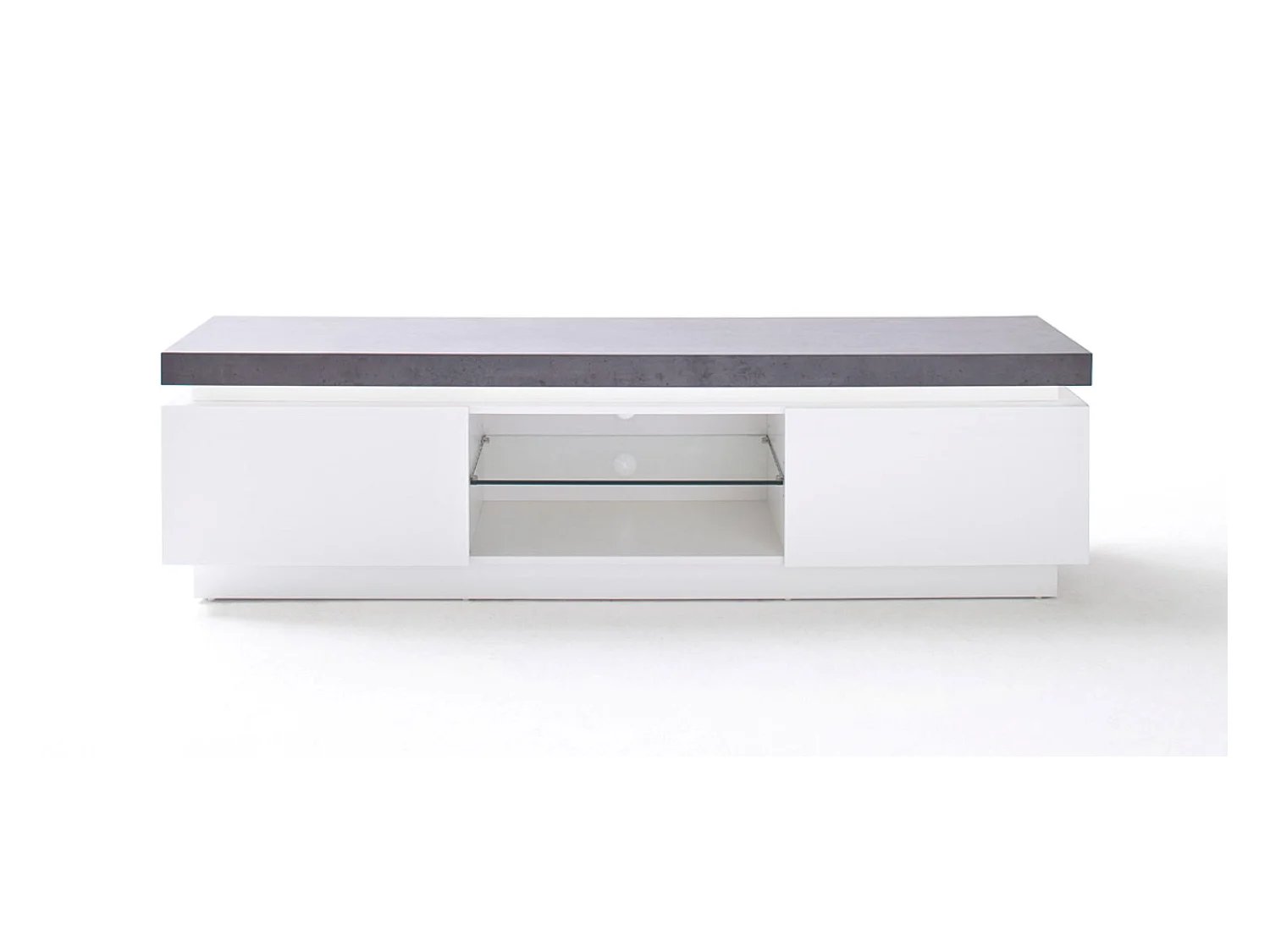 Meuble TV avec 2 portes coloris gris béton et blanc mat - Longueur 175 x Hauteur 48 x Profondeur 40 cm