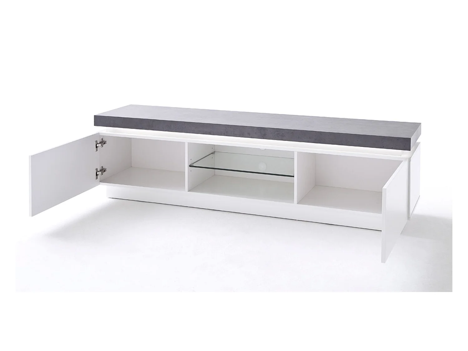 Meuble TV avec 2 portes coloris gris béton et blanc mat - Longueur 175 x Hauteur 48 x Profondeur 40 cm