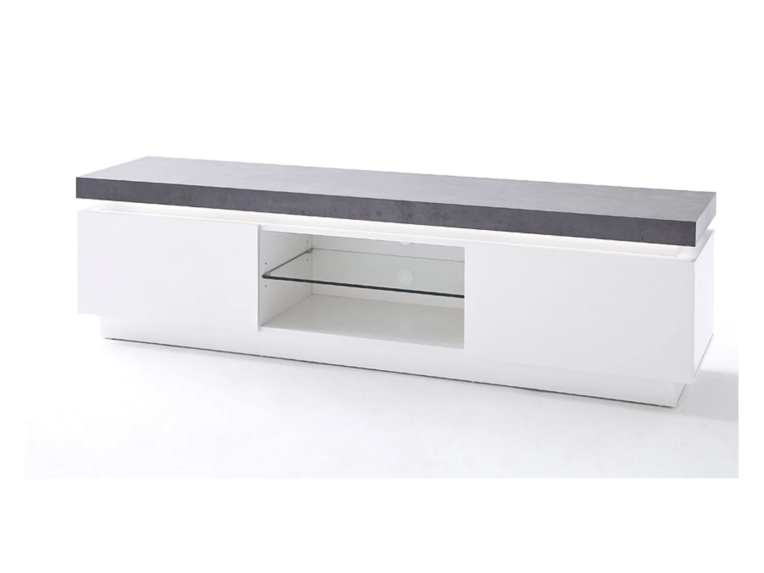 Meuble TV avec 2 portes coloris gris béton et blanc mat - Longueur 175 x Hauteur 48 x Profondeur 40 cm