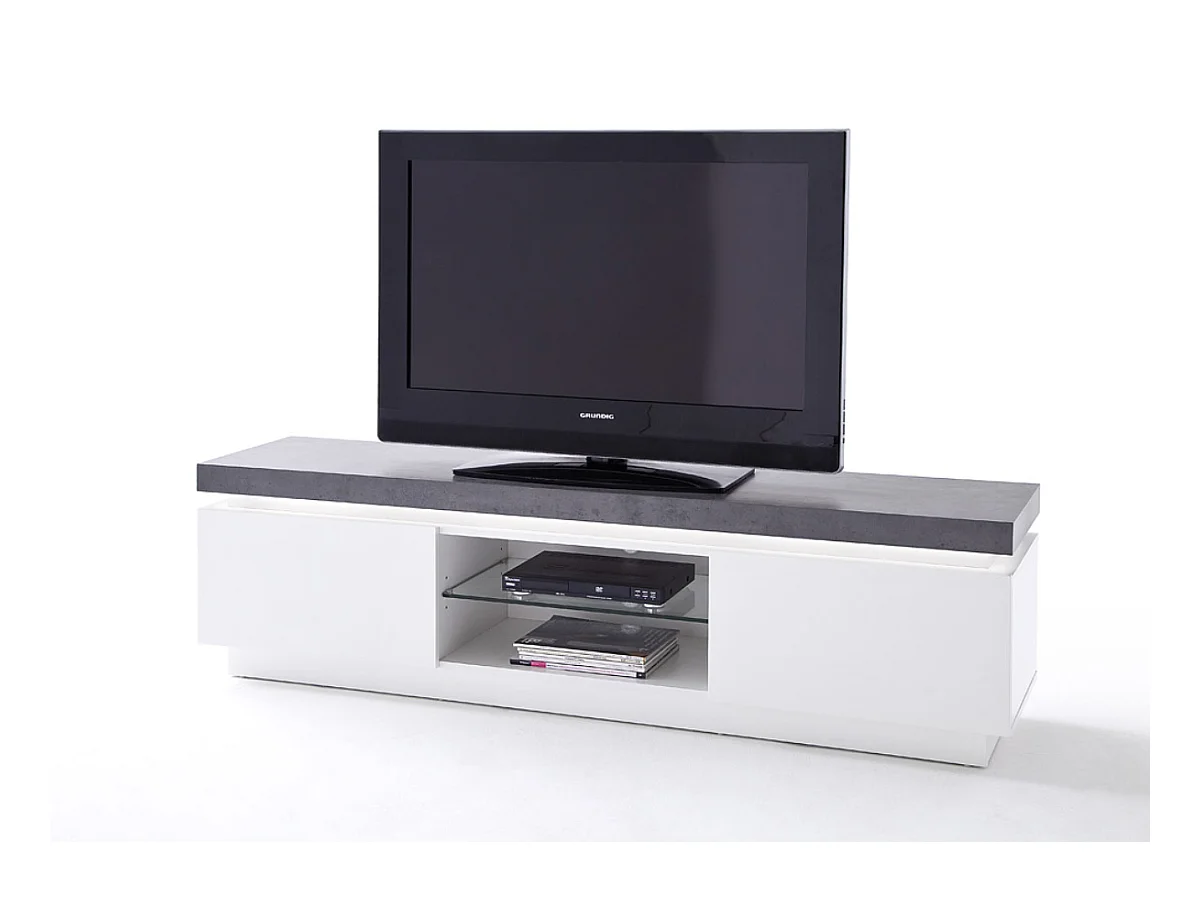 Meuble TV avec 2 portes coloris gris béton et blanc mat - Longueur 175 x Hauteur 48 x Profondeur 40 cm