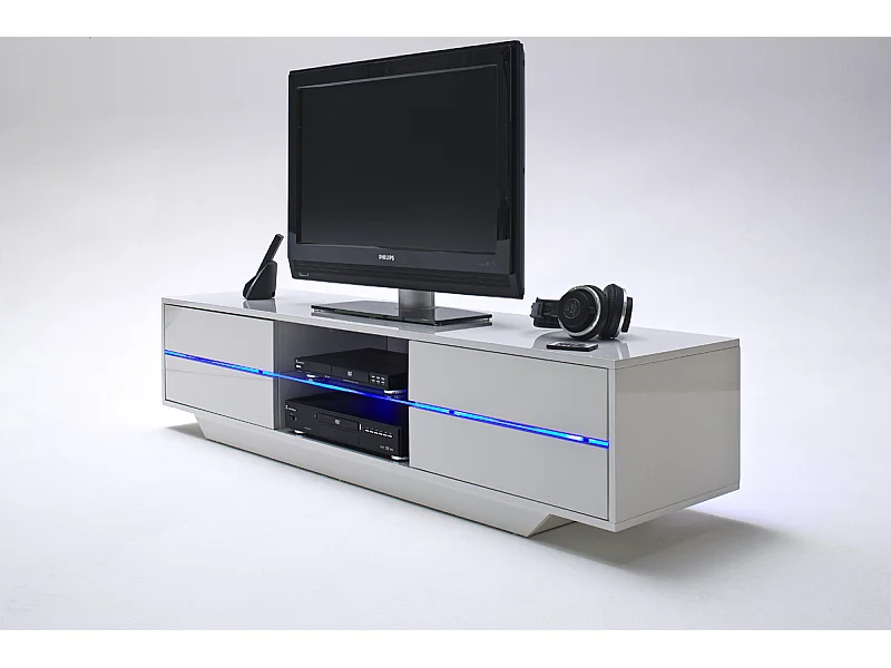 Meuble TV avec LED bleu coloris laqué blanc brillant - L160 x H36 x P40 cm