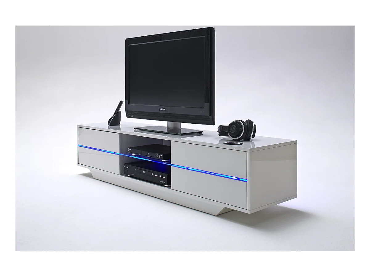 Meuble TV avec LED bleu coloris laqué blanc brillant - L160 x H36 x P40 cm