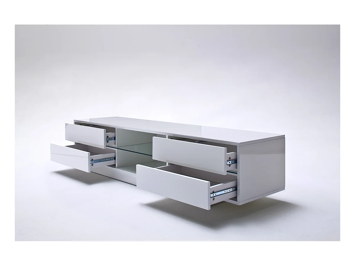 Meuble TV avec LED bleu coloris laqué blanc brillant - L160 x H36 x P40 cm